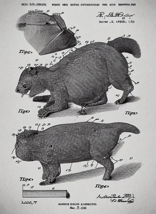 Prompt: “Patent application drawing and text for a new kind of animal, exploded Fig.1”