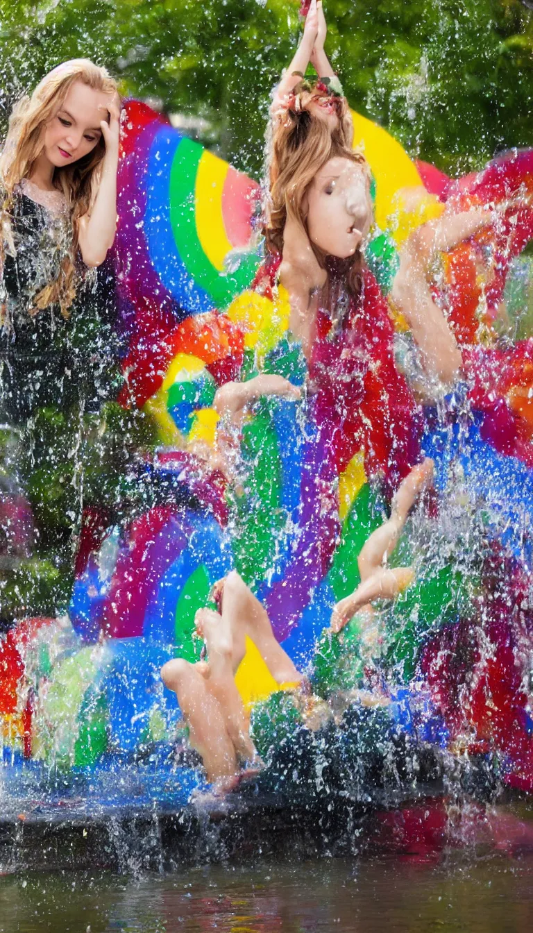 Prompt: Beautiful girl under the rainbow fountain,