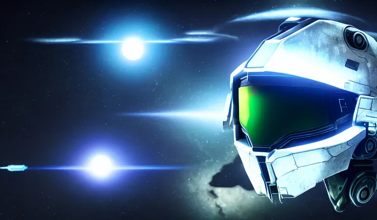 Image similar to cyberpunk halo helmet floating in space with reflections, epic, dramatic, photorealistic, award winning, 8k,