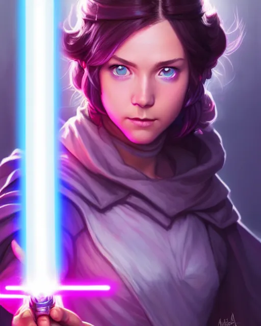 Prompt: beautiful blue eyed brunette girl!! pink lightsaber! jedi, fire emblem, art by artgerm and greg rutkowski and magali villeneuve, portrait, d & d, fantasy, highly detailed, digital painting, trending on artstation, concept art, sharp focus, illustration