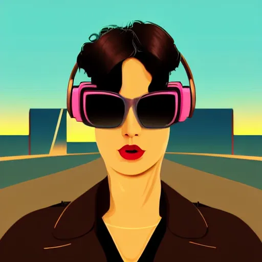 Image similar to a woman with light blue shutter shades in front of a sunset, a dark brown leather jacket, one side brown haircut with blue ends, vector art by jan tengnagel, pixabay contest winner, retrofuturism, retrowave, synthwave, outrun, portrait, synthwave