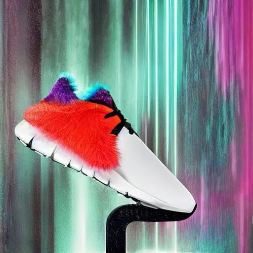 Image similar to poster nike shoe made of very fluffy colorful faux fur placed on reflective surface, professional advertising, overhead lighting, heavy detail, realistic by nate vanhook, mark miner