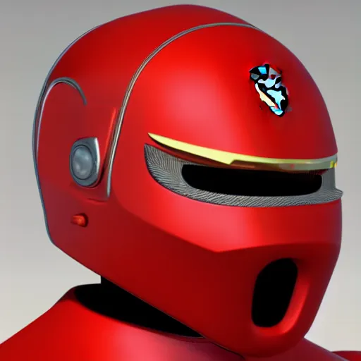 Image similar to Tokusatsu character based on Ferrari, red mechanical skinny body, chest plate with Ferrari logo, stylized motorcycle helmet, full body, unreal engine, 3D model