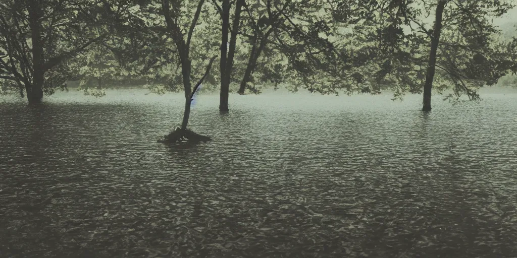 Image similar to centered photograph of a rope floating on the surface of the water, dark lake on a cloudy day, color film, trees in the background, hyper detailed photo, anamorphic lens