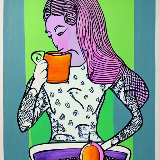 Image similar to beautiful lady, drinking tea, fruit basket, painting, abstract, clean shapes, print, litography pastel colors, ink lines, markus gunnar, konstfack