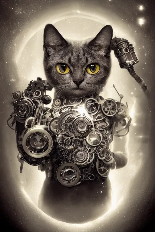 Image similar to a beautiful intricate fine art portrait photo of a a mechanical industrial steampunk cybernetic cute cat with large eyes against galactic space, soft backlight, by tom bagshaw and zach sutton, perfection!, milk bath photography, studio lighting, 5 0 mm lens, very detailed, bionic, cybernetic scifi, deep depth of field, artstation, 8 k, highly coherent