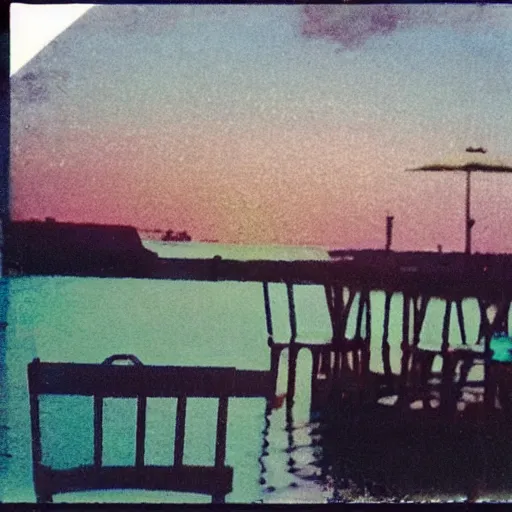 Prompt: a pastel colour Polaroid photo from a holiday album at a seaside restaurant, all glass is iridescent and colours pastels, no people, nostalgic