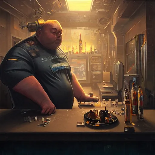 Image similar to portrait of an overweight cyberpunk barkeeper, robotarm, ratz, neuromancer, bar background, painted by greg rutkowski, painted by igor kieryluk, high detail, dramatic light, digital art, trending on artstation