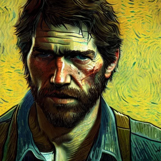 Prompt: Joel Miller (from The Last of Us) in the style of Vincent Van Gogh, masterpiece digital painting, 4k wallpaper, intricate detail, beautiful, gorgeous, stunning, artstation