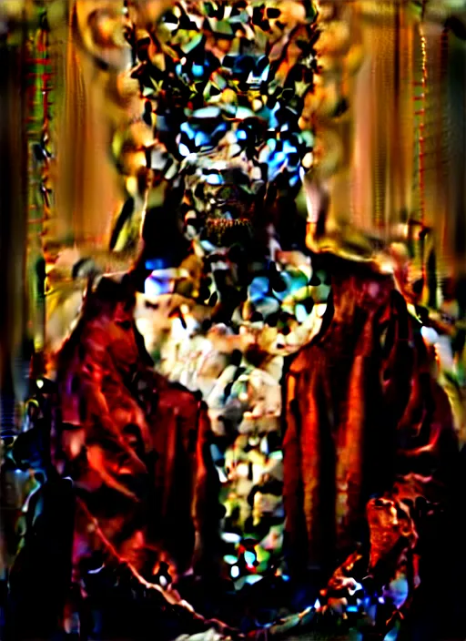 Image similar to 'Portrait of Crowned King Arthur' by Lee Jeffries royally decorated, whirling plasma, atmospheric motes, red and gold Sumptuous garb, gilt silk fabric, radiant colors, fantasy, perfect lighting, studio lit, micro details,