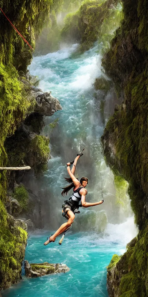 Prompt: extremely angry looking Lara Croft jumping from a rope swinging over a roaring ancient river, bright blue water, mossy rock, created by Lilia Alvarado