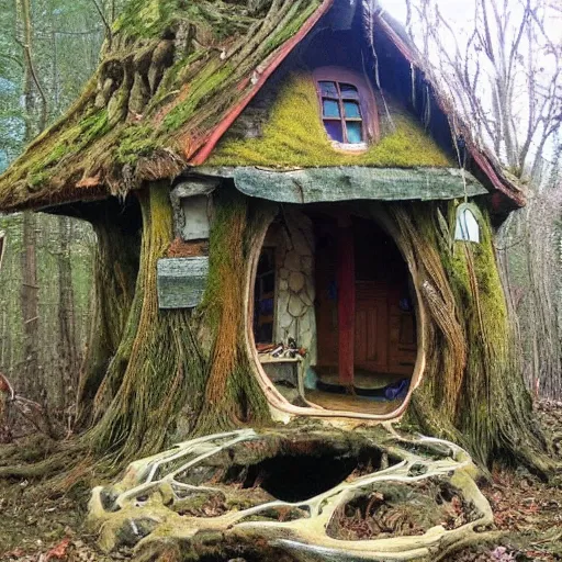 Image similar to Baba Yaga’s house with tree root tendrils coming out from the bottom, lifting it high in the air