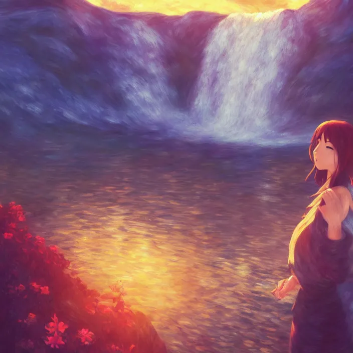 Image similar to an epic makoto shinkai and renoir landscape of a hawaiian waterfall, golden hour, 🌺. a brown haired woman playing a guitar. ultra smooth, lois van baarle, ilya kuvshinov, unreal engine, blender, trending on artstation, suntur, caleb worcester, highly detailed, photorealism, bloom effect 8 k