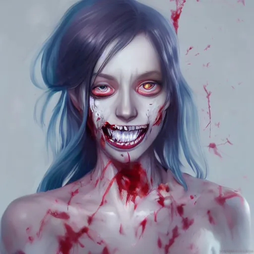 Prompt: portrait of a beautiful damaged zombie woman with open toothsome mouth and bloody teeth by artgerm, sakimichan, krenz cushart