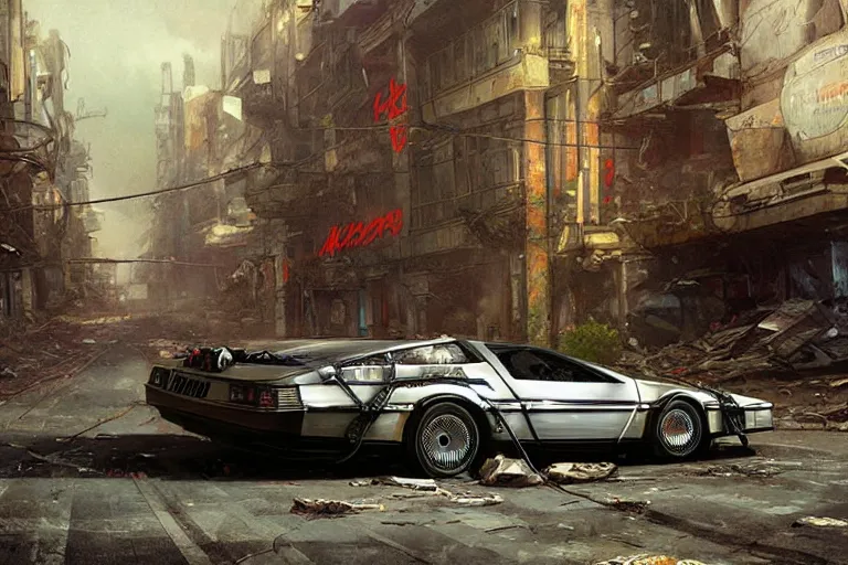 Image similar to photograph of the delorean driving down the streets of a cyberpunk abandoned city, by greg rutkowski, by stanley artgerm, by alphonse mucha