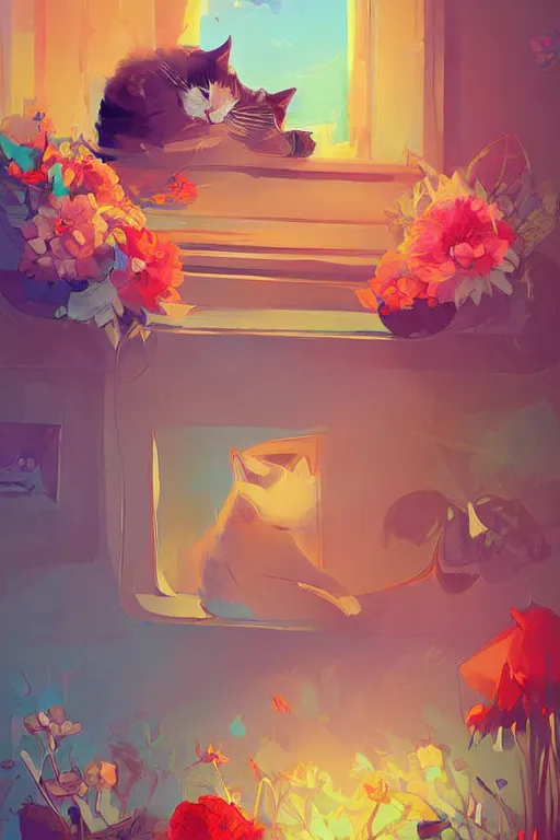 Image similar to a digital art of a cat sleeping in the room with flowers around in the afternoon, the sun shines in, animal, light effect, highly detailed, by anton fadeev