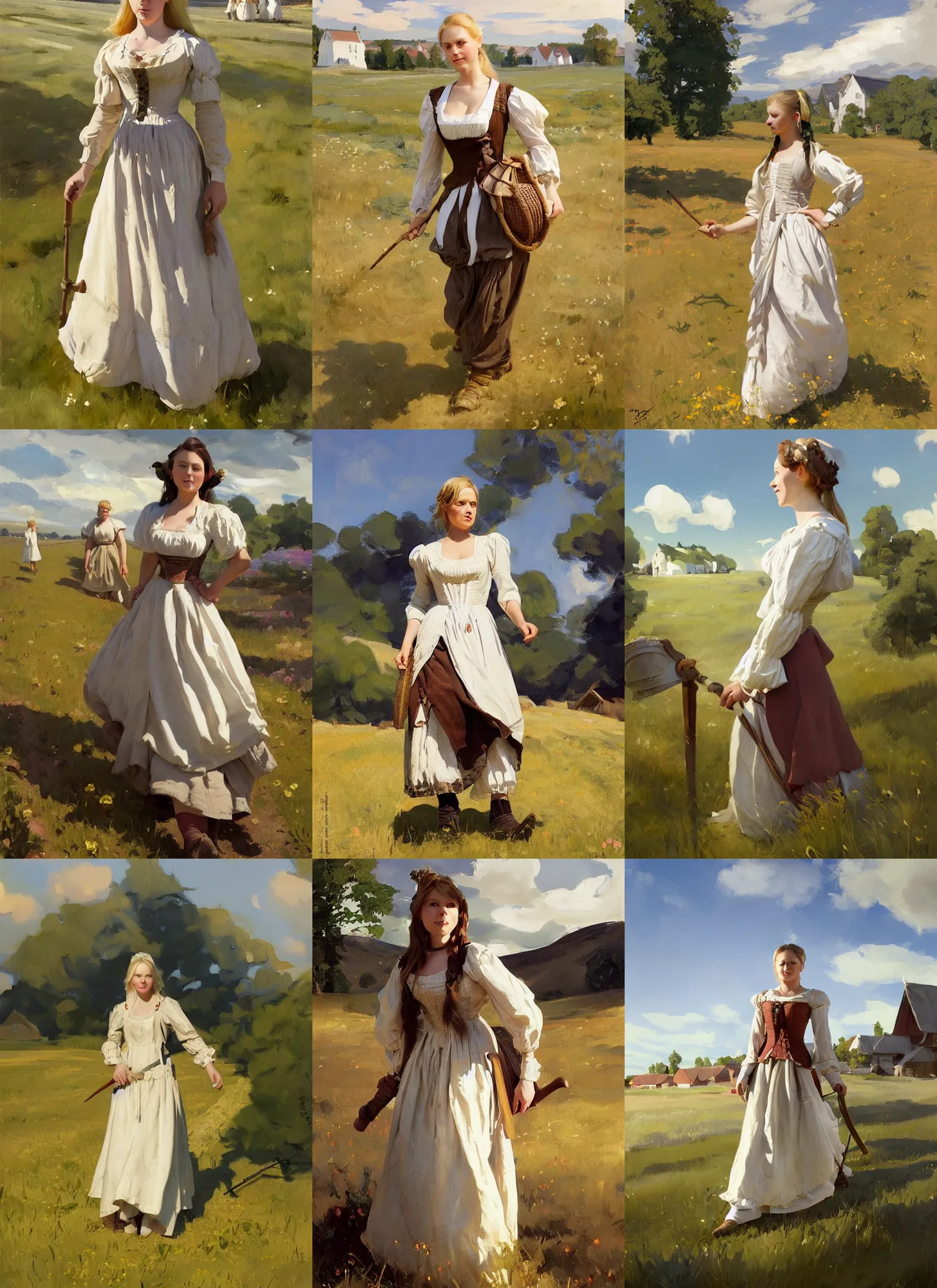 Image similar to finnish norway scandinavian attractive village maiden wearing 1 7 th century bodice walking in the field in a sunny day, jodhpurs greg manchess painting by sargent and leyendecker, studio ghibli, fantasy, medium shot, asymmetrical, intricate, elegant, matte painting, illustration, hearthstone, by greg rutkowski, by greg tocchini, by james gilleard