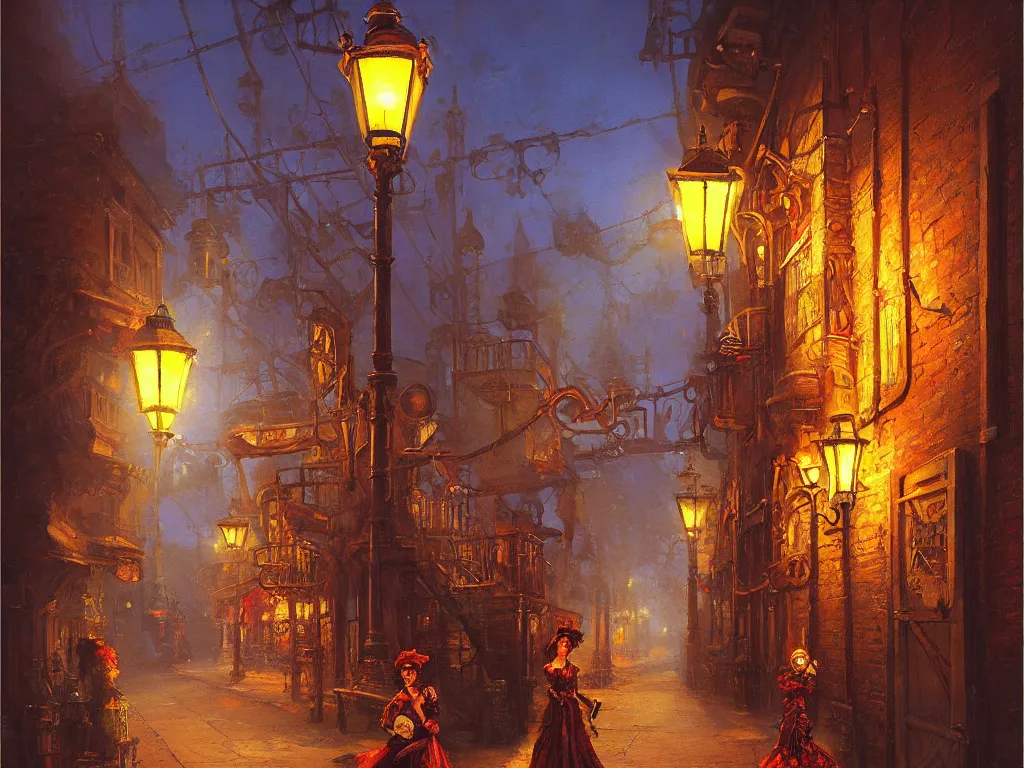 Prompt: oil painting steampunk alley thin Vicotorian lady under a street lamp by James Gurney, Thomas Kinkade, Ralph Horsley vivid color