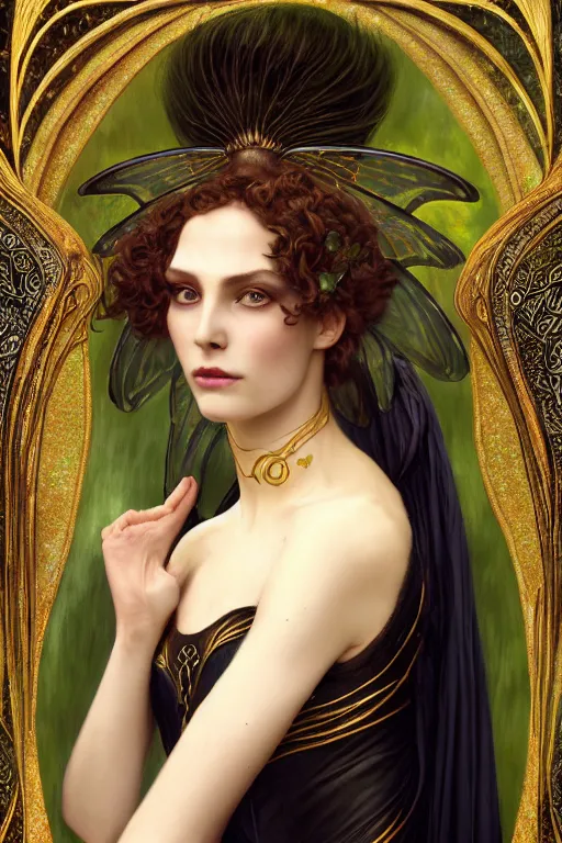 Prompt: a portrait of elegant beautiful queen of the dark fairies, gossamer wings, gold-green eyes, illustration, dramatic lighting, soft details, painting oil on canvas, art nouveau, octane render, HDR, 4k, 8k, HD, by Edmund Blair Leighton, Brom, Charlie Bowater, trending on artstation, faces by Otto Schmit