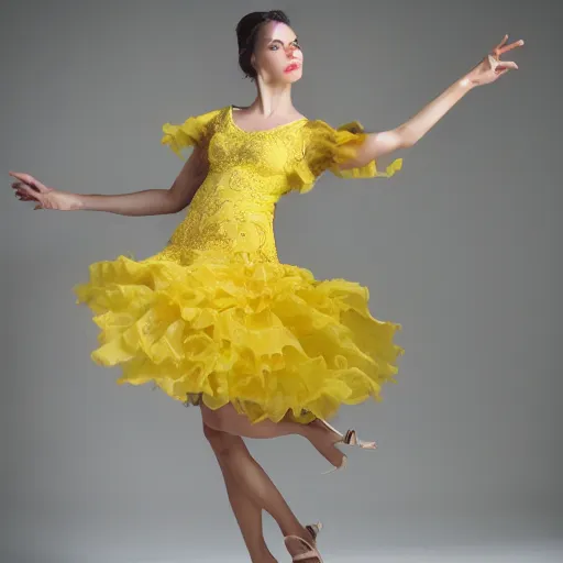 Image similar to a woman in a yellow organza dress dancing, ultra realistic, intricate, elegant, highly detailed, studio photo, smooth, sharp, focus,