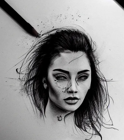 Image similar to a beautiful woman face next to mighty mountains, tattoo design sketch, amazing blend effect, hyper - realistic, in the style of matteo pasqualin, amazing detail, black and white