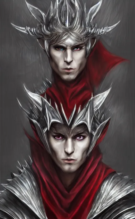 Image similar to A portrait of a male elf, 20 years old, short silver hair, red eyes, wearing a spiked black metal crown, black heavy armor with gold trim, and a red cape, lean but muscular, attractive, command presence, royalty, weathered face, smooth, sharp focus, illustration, concept art, highly detailed portrait muscle definition, fantasy painting, ArtStation, ArtStation HQ