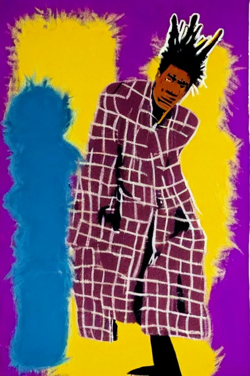 Prompt: a checkered fluffy robe over a purple clothed king, brown skin, painting by jean michel basquiat, andy warhol,