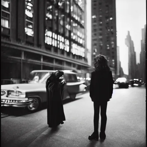 Prompt: analog medium format night flash portrait in new york, 1 9 6 0 s, 3 5 mm, photographed on expired film, detailed photograph