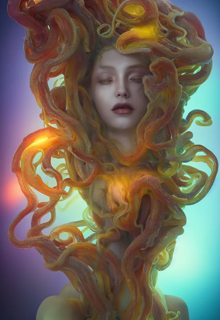 Image similar to subsurface scattering, medusa made of soft wax, cgsociety, translucent, organic squid and ceramic art nouveau swirls, golden orbs, colored smoke, in the style of alberto seveso and ruan jia and beeple and giger, mystical colors, back light, rim light, dramatic lighting, 8 k, stunning scene, raytracing, octane render