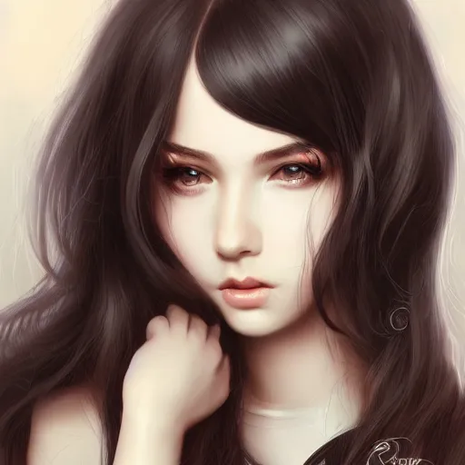 Image similar to teen girl, long black hair, gorgeous round face, brown pollover, amazing, elegant, intricate, highly detailed, digital painting, artstation, concept art, sharp focus, illustration, art by ross tran