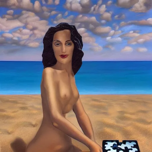 Image similar to A surreal oil painting of a puzzle containing a beautiful woman on a desert beach with scattered puzzle pieces by Salvador Dali, dark vibes, high contrast, cinematic, depth of field