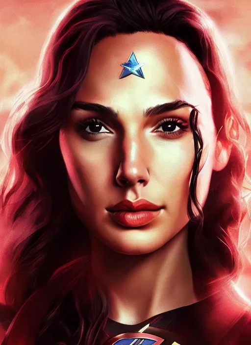 Image similar to a potrait of gal gadot as wanda maximoff by Zack Snyder, 8k photorealistic, cinematic lighting, HD, high details, dramatic, trending on artstation, view from above