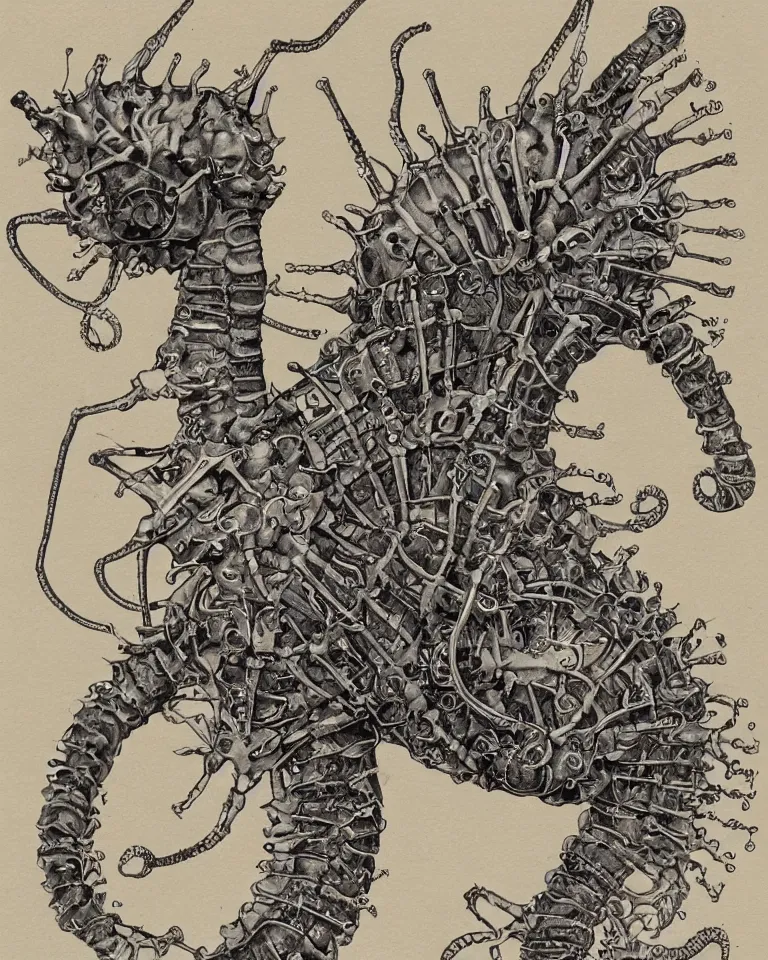 Prompt: a detailed scientific anatomical illustration of a cybernetic seahorse.