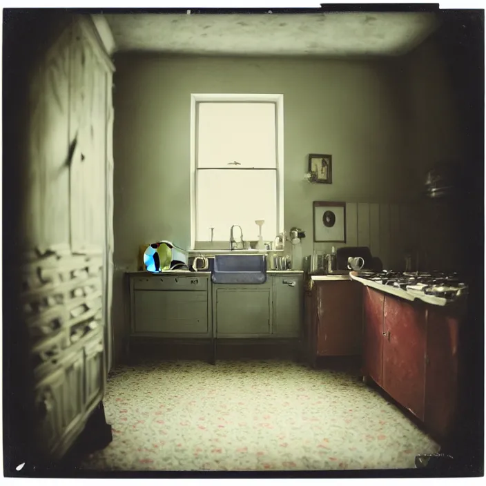 Image similar to kodak portra 4 0 0, wetplate, fisheye, award - winning portrait by britt marling, 1 9 2 0 s kitchen, ghost, picture frames, shining lamps, dust, smoke, 1 9 2 0 s furniture, wallpaper, carpet, books, muted colours, wood, fog,