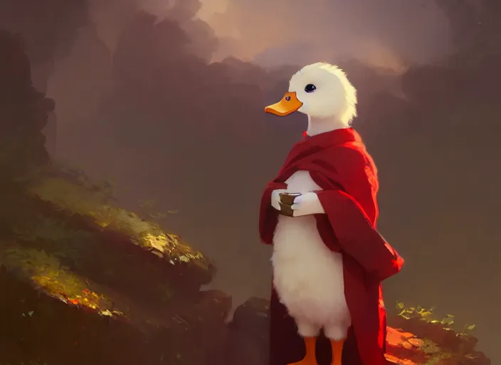 Prompt: cute fluffy mallard duck wearing red cultist robe, details, fantasy, epic, sacrificial altar, landscape illustration concept art anime key visual trending pixiv fanbox by wlop and greg rutkowski and makoto shinkai and studio ghibli and kyoto animation symmetrical facial features
