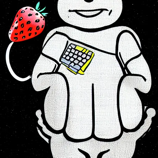 Image similar to The photo is a drawing of a person with a strawberry computer in their belly. The style is cartoonish and playful.