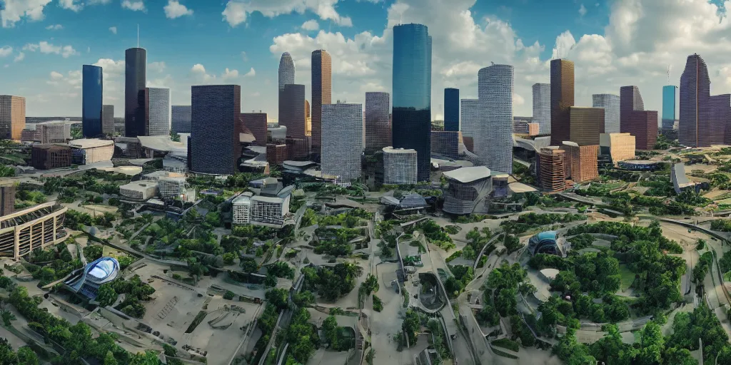 Prompt: panorama of houston texas in the future, sci - fi buildings and technologies, nature is lush and has been restored, birds are flying, realistic, beautiful, landscape, octane render, 8 k, peaceful, cinematic lighting, extremely detailed, hd, unreal