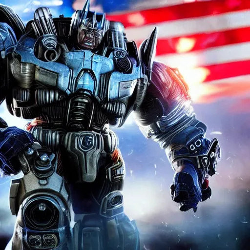 Image similar to donald trump! as optimus prime in ( gears of war ), splash art, maga, patriot, movie still, detailed face, photorealistic facial features, cinematic lighting, dramatic, octane render, long lens, shallow depth of field, bokeh, anamorphic lens flare, 8 k, hyper detailed, 3 5 mm film grain