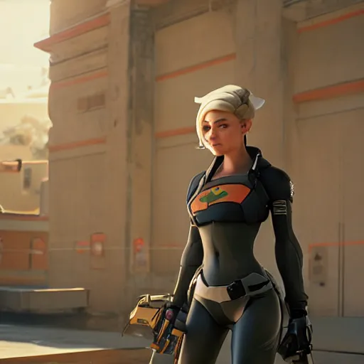 Image similar to film still of a beautiful young woman who looks like a mercy from overwatch in a movie by zack snyder, random background scene