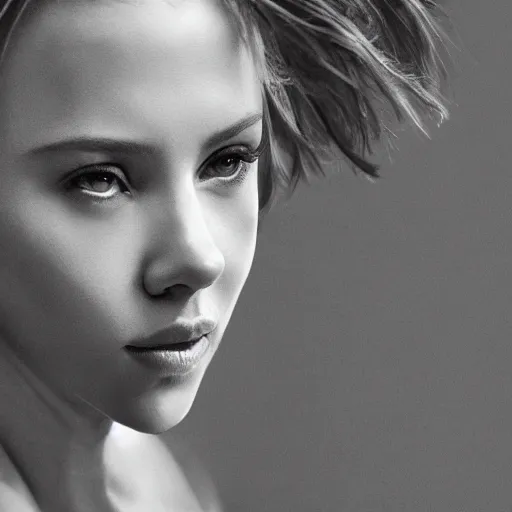 Image similar to a beautiful medium - shot of scarlett johansson looking into the distance, in the style of the ghost in the shell, beautiful face, beautiful body, beautiful light failling on her face, chin - length bob with bangs haircut, by annie leibowitz