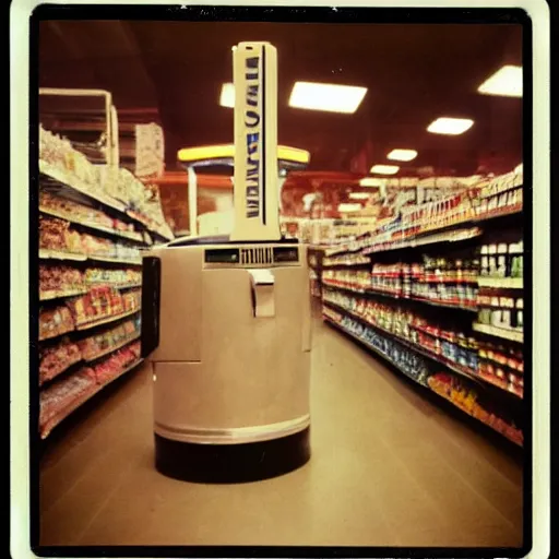 Image similar to Vintage Photograph of a futuristic time machine inside of a grocery store, shallow depth of field, awkward, out of place, polaroid 600 Color