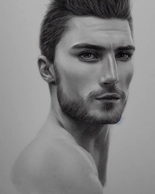 Image similar to pencil drawing of beautiful russian man, hyper realistic face, in the style of greg rutkowski, fantasy, amazing detail, epic, elegant, smooth, sharp focus, from the front