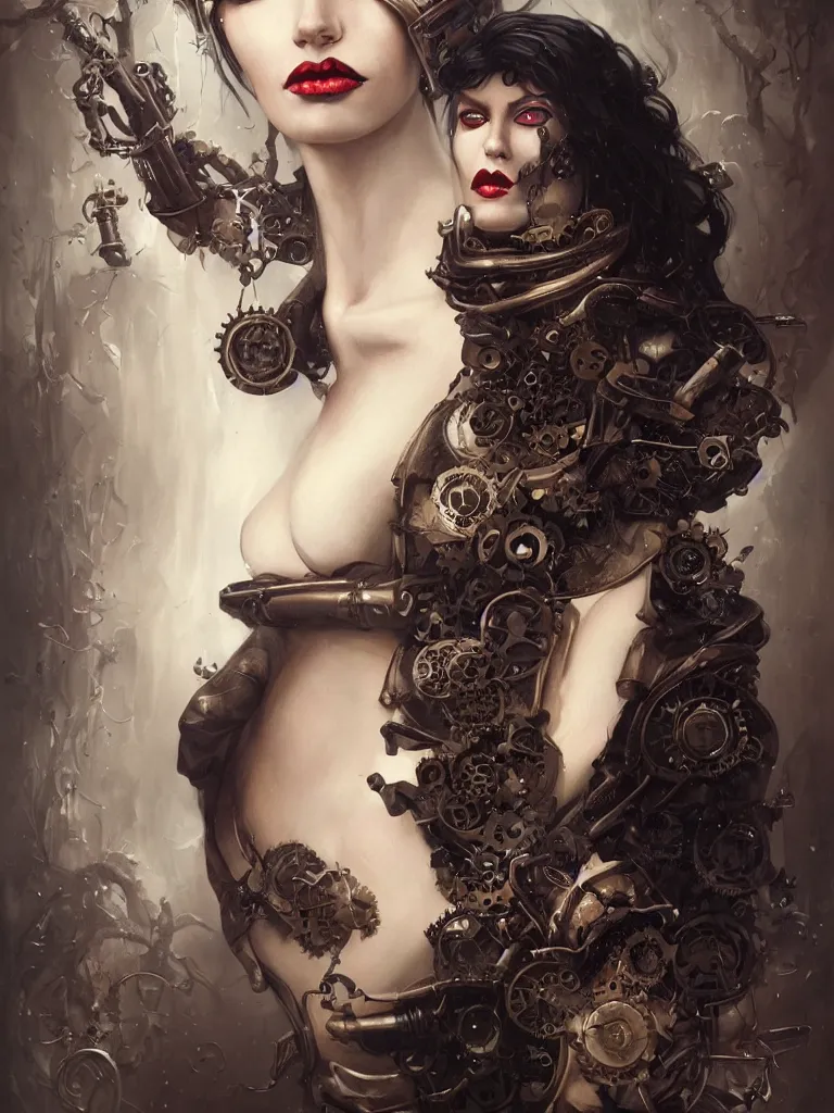Image similar to a steampunk portrait of a hideous woman with shadowy eyes and bonewhite hair, with black glossy lips, hyperrealistic, award-winning, masterpiece, in the style of Tom Bagshaw, Cedric Peyravernay, Peter Mohrbacher