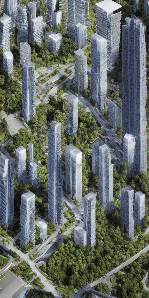 Prompt: elevational photo by Andreas Gursky of tall and slender futuristic mixed-use towers emerging out of the ground. Many bridges hang between towers. The towers are crystalline and angular. The towers are covered with trees and ferns growing from floors and balconies. The towers are clustered very close together and stand straight and tall. The housing towers have 100 floors with deep balconies and hanging plants. No sky. Cinematic composition, volumetric lighting, architectural photography, 8k, megascans, vray.