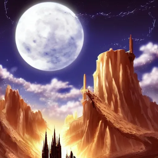 Prompt: Anime style, desert at night filled with monstrous beasts, tall white tower in the background, HD,