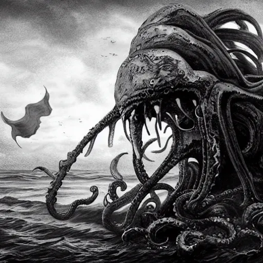 Image similar to kraken devours the ship in the exact style of kentaro miura, 4 k, 8 k, absolute detail of even the smallest details and particles, beautiful shadows, beautiful art, black and white drawing, high rendering of details of faces and characters