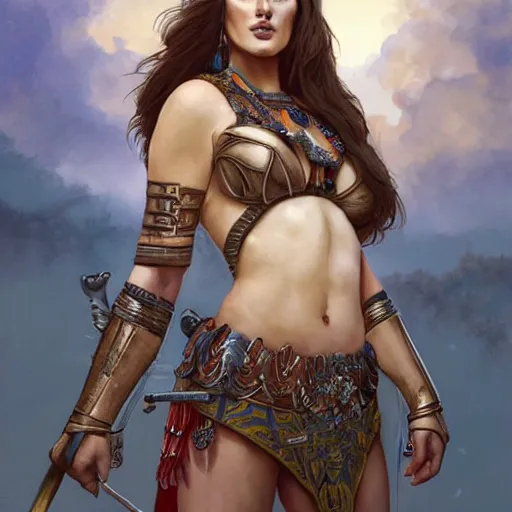Image similar to portrait of Lucy Pinder as a warrior woman, looking at camera, D&D, intricate, elegant, stylish, cute smile, mouth slightly open, fantasy, extremely detailed, digital painting, artstation, concept art, smooth, sharp focus, illustration, stunning lighting, art by artgerm and greg rutkowski and alphonse mucha and simon stalenhag.