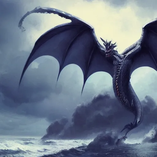 Prompt: dragon, huge wings, scary weather, stormy, ocean, spitfire, photography, hyperrealistic, by greg rutkowski, smooth, illustration, elegant, artstation, digital painting.