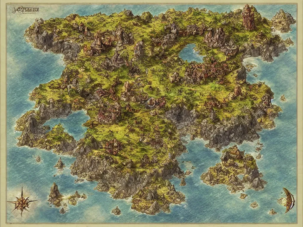 Prompt: an isometric fantasy map of a continent bordered by ocean by brian froud by jrr tolkien in the dungeons and dragons and disney styles painterly