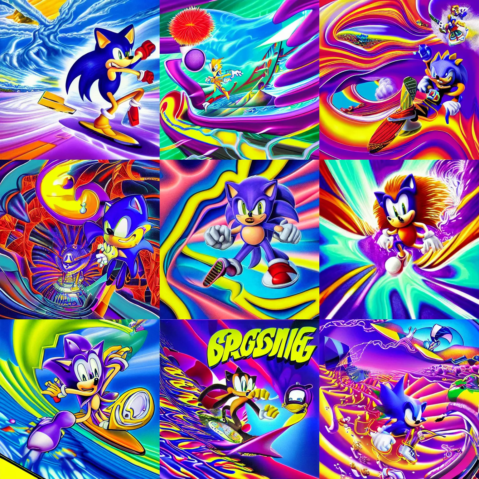 Prompt: surreal, sharp, detailed professional, high quality airbrush art mgmt album cover of a liquid dissolving lsd dmt sonic the hedgehog surfing through cyberspace, purple checkerboard background, 1 9 9 0 s 1 9 9 2 sega genesis video game album cover